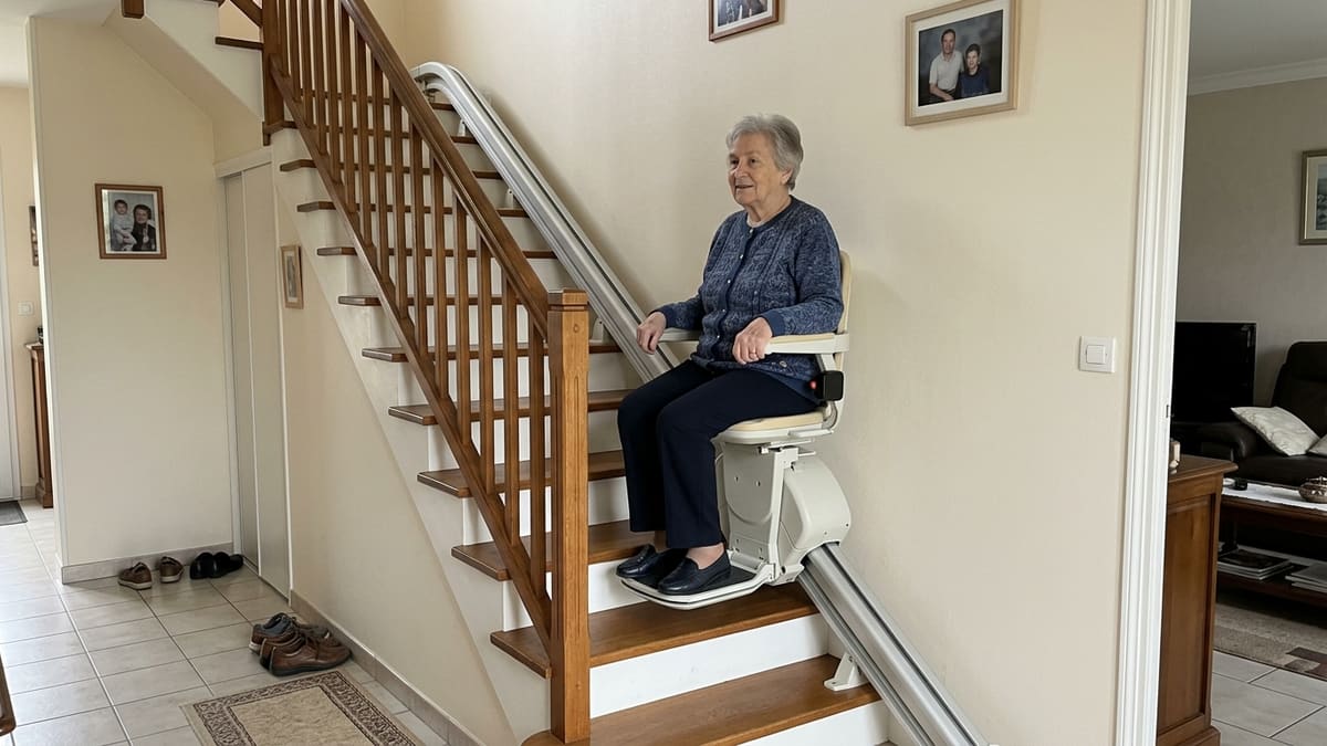 ALT FR — Personne âgée utilisant un monte-escalier pour monter les marches, avec un fauteuil confortable.